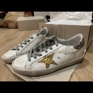 Golden goose sneakers gold glitter star with leopard back